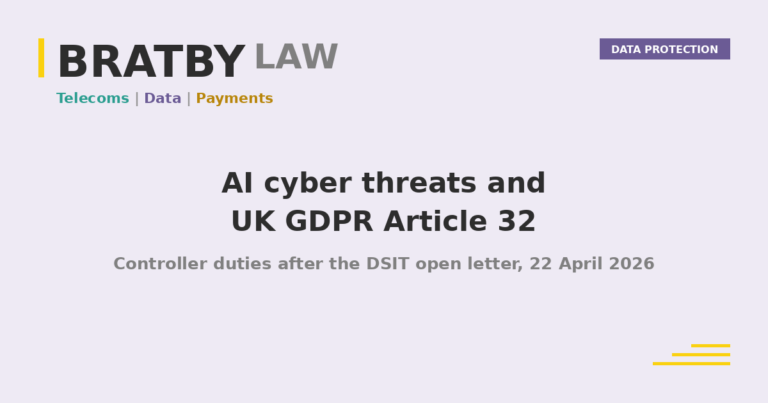 Bratby Law header image for AI cyber threats and UK GDPR Article 32 controller duties, Data Protection pillar