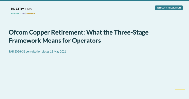 Ofcom copper retirement three-stage framework Bratby Law telecoms regulation