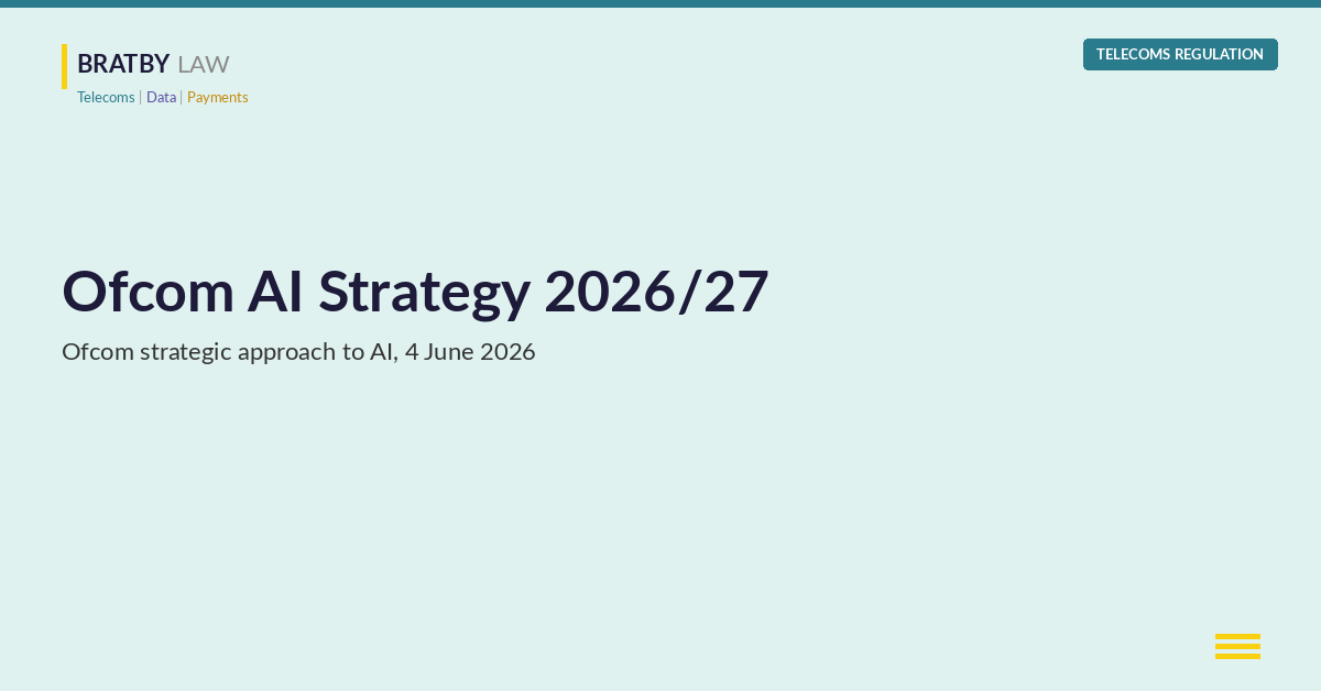Ofcom AI strategy 2026/27 cover, Bratby Law telecoms regulation analysis