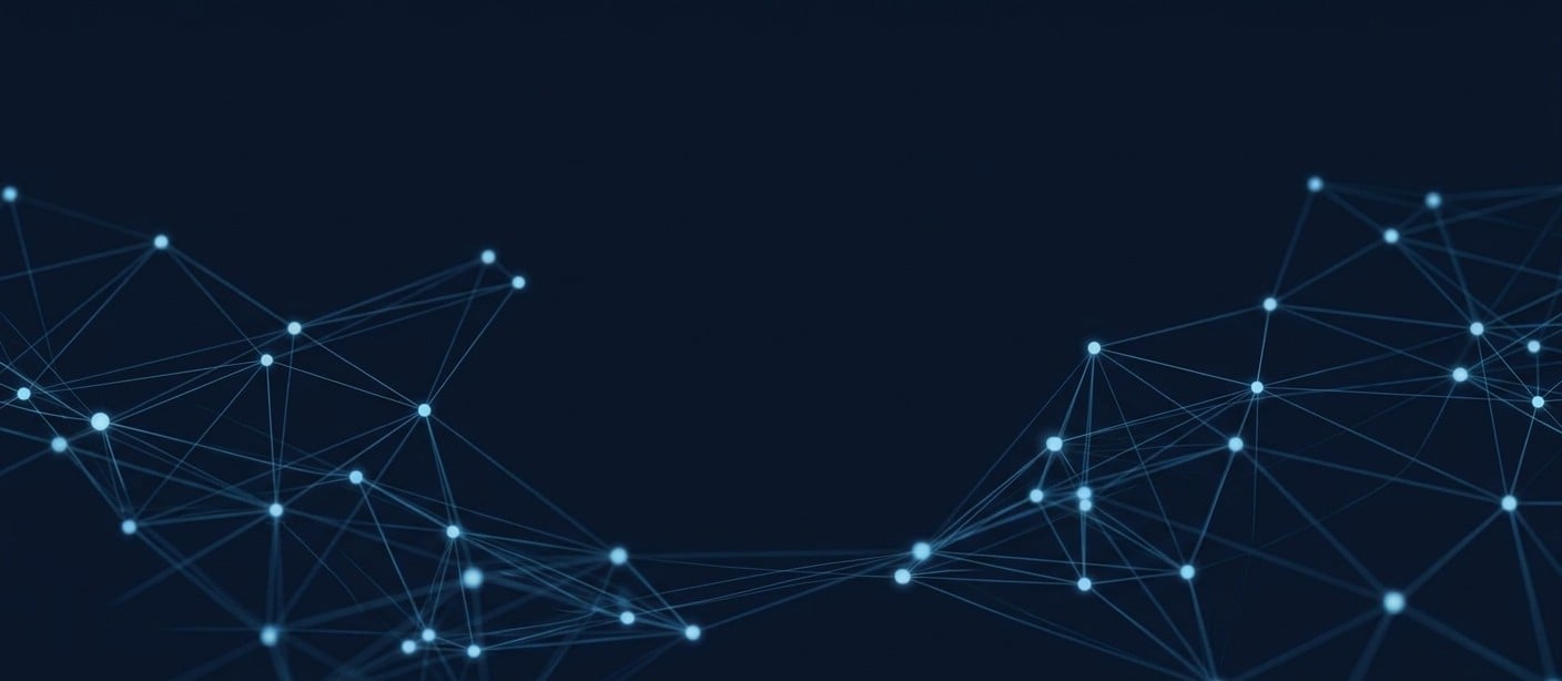 Two clusters of connected light drawing together, representing merger control in digital markets