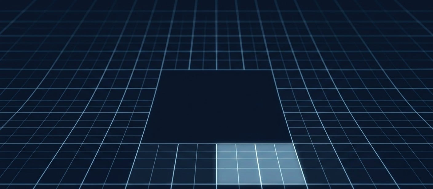 A luminous grid with one region lit for examination, representing market investigations and studies