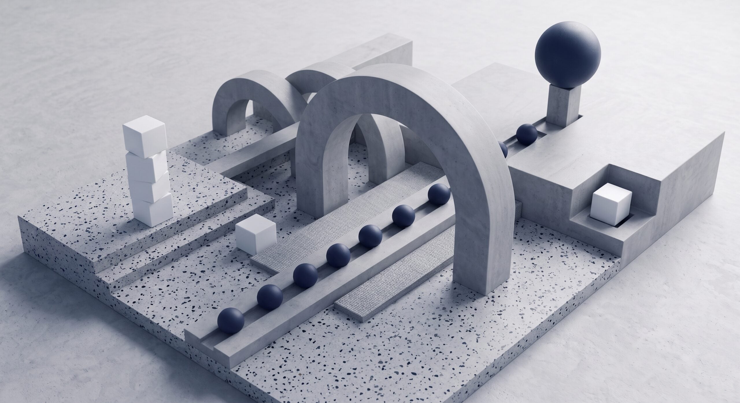 Pale concrete architectural model of arches, steps and a line of dark spheres running along a channel, illustrating payment liability and the timing of a payment as it passes between providers