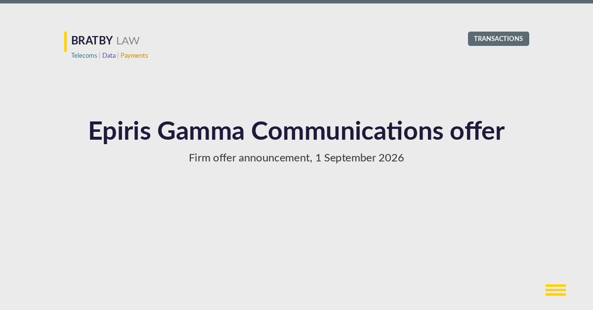 Bratby Law Transactions header card reading Epiris Gamma Communications offer