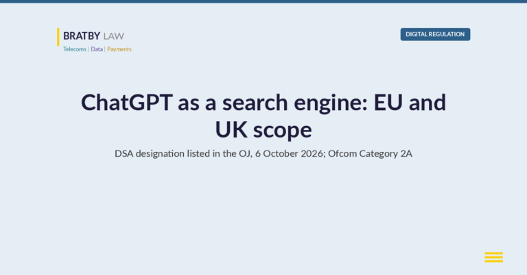 Bratby Law Digital Regulation header card reading ChatGPT as a search engine: EU and UK scope