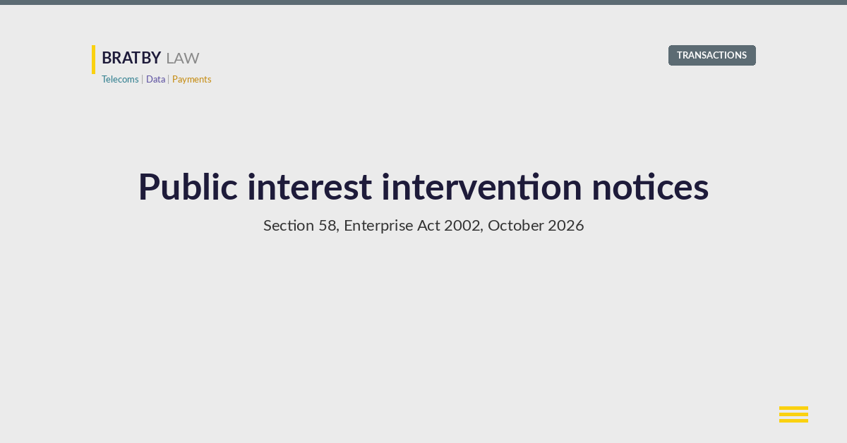Bratby Law Transactions header card reading Public interest intervention notices